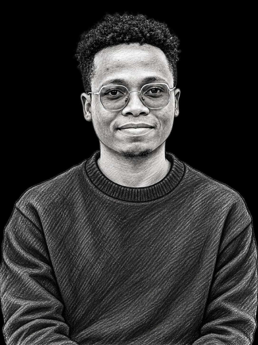 Graphite illustration of Johnson Mmbaga in a casual sweater